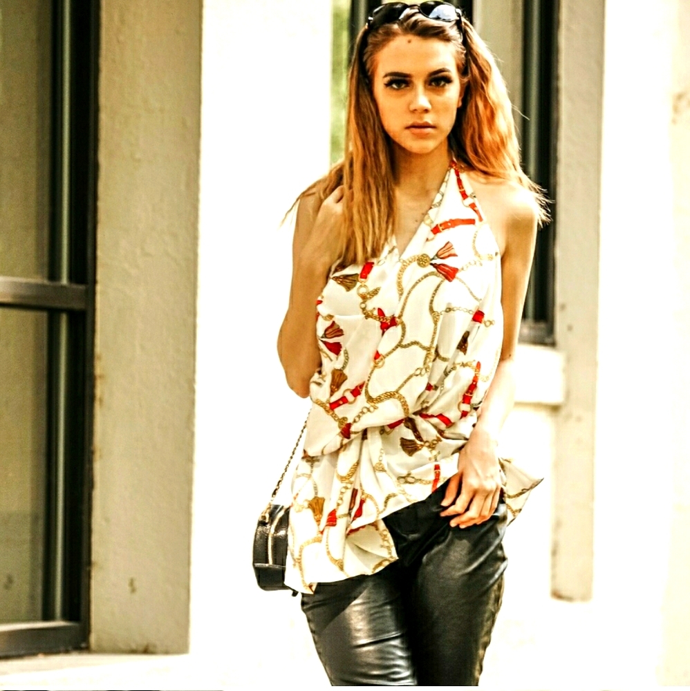 Do+Be draped satin halter style blouse white, red Small